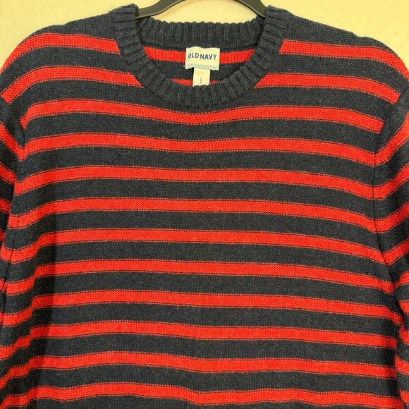Old Navy Pullover Crew Sweater Reverse Stripe Ink Blue Heather Red Men's Large - Picture 5 of 8